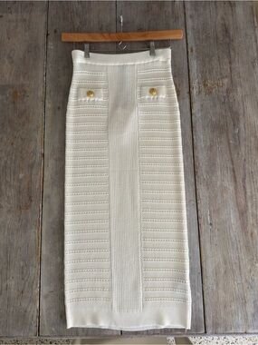 NWT Balmain white  Knit Pencil Skirt with Gold Button Detail